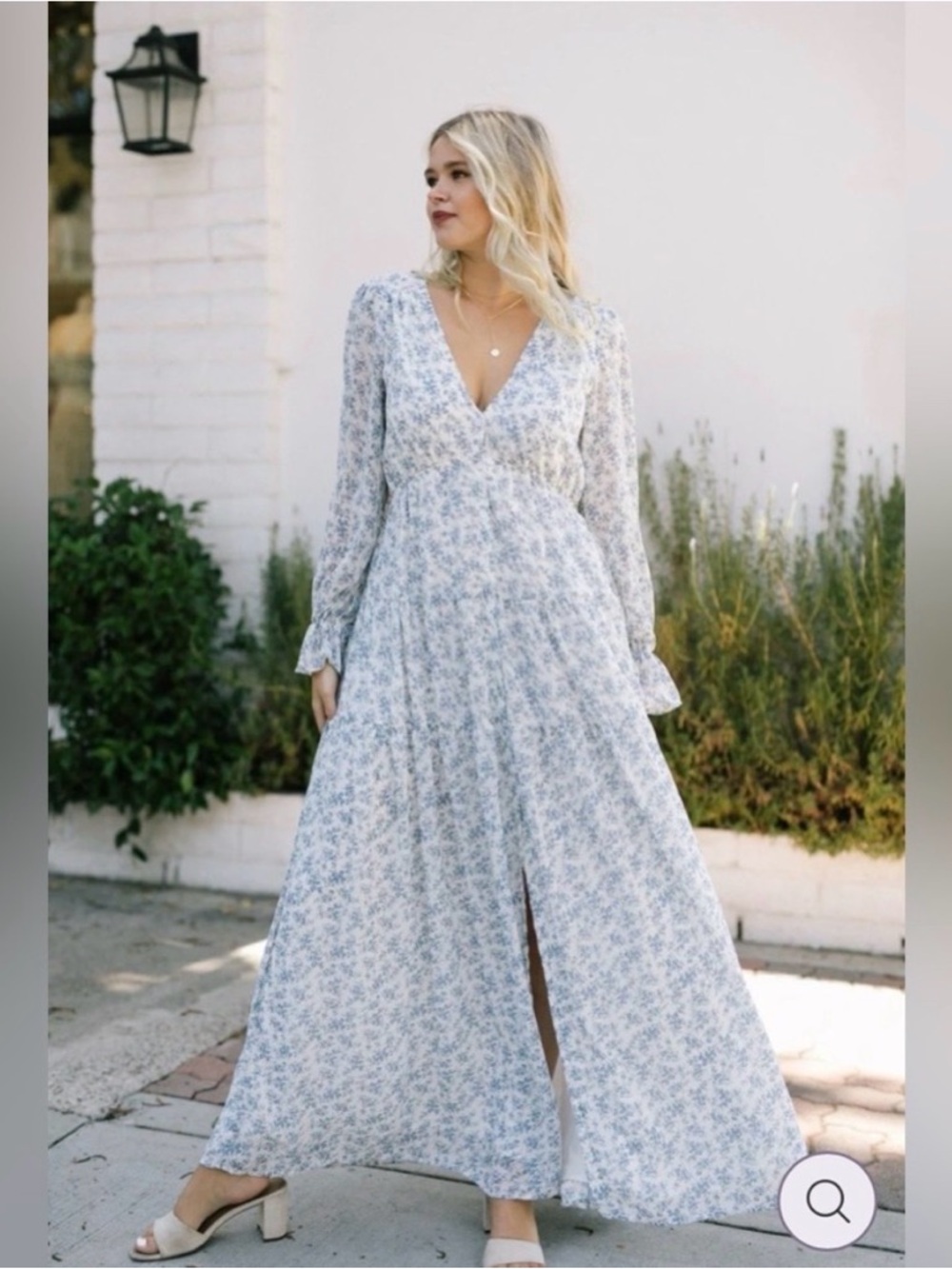 Morning Lavender V-Neck Blue Floral Maxi Dress with Long Sleeves